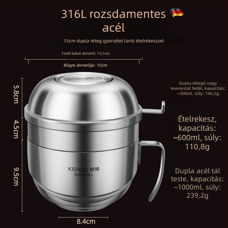 316L rozsdamentes acél ebédes doboz fedővel, dupla rétegű, mikrohullámú sütőben használható, kapacitás 1–2 L