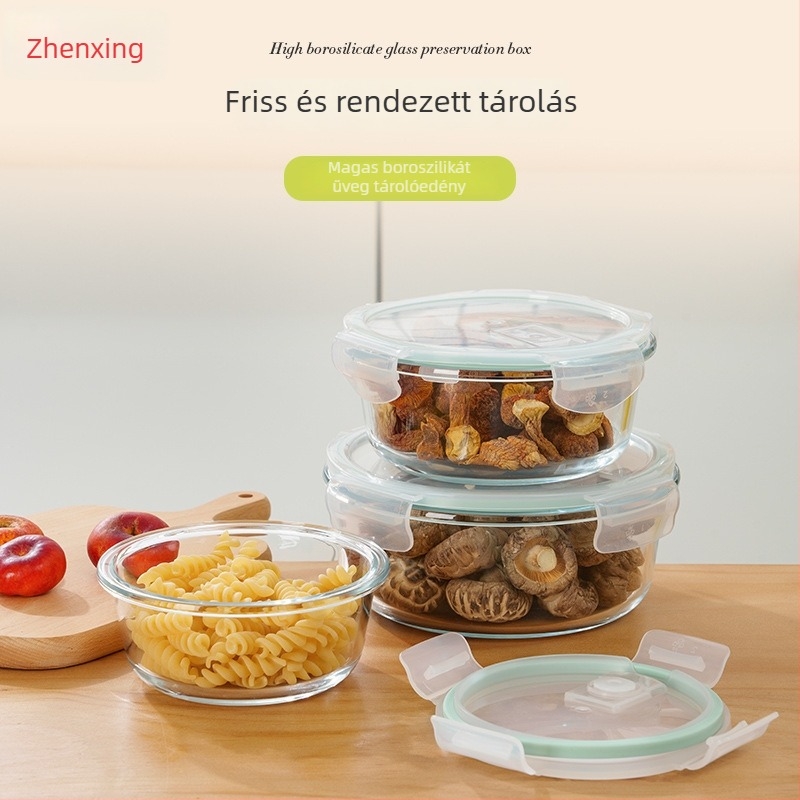 Kör alakú boroszilikát üveg ebédes doboz fedővel, mikrózható, munkahelyre, gyümölcsök tárolására, frissességet megőriz