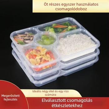 Öt rekeszes egyszer használatos ebédes doboz, átlátszó PP élelmiszer-minőség, mikrosütőben használható, 150 darabos csomag, kínai stílus, licenc Zhexk16-205-00544