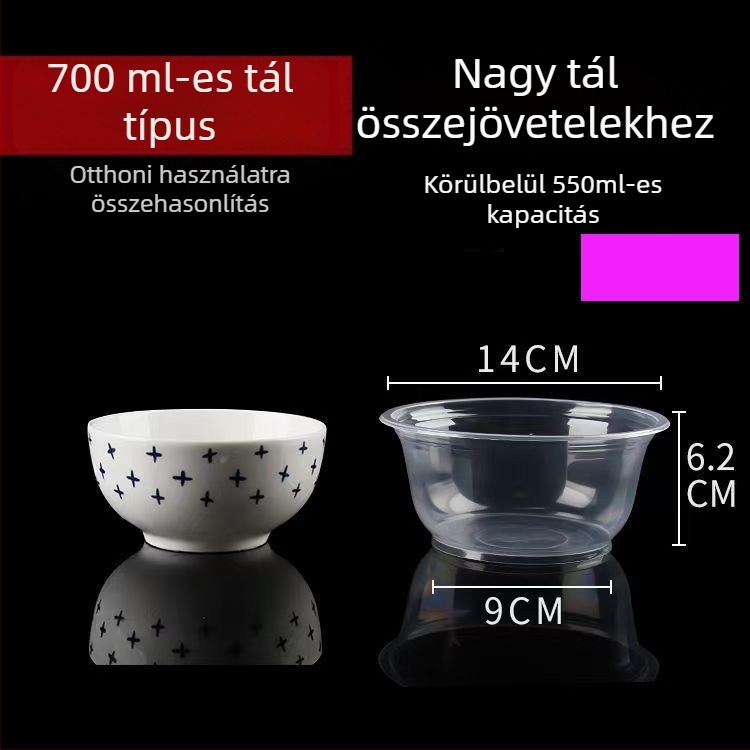 Egyszer használatos műanyag tál ételhez – kerek, átlátszó, kapacitás 360–1000 ml