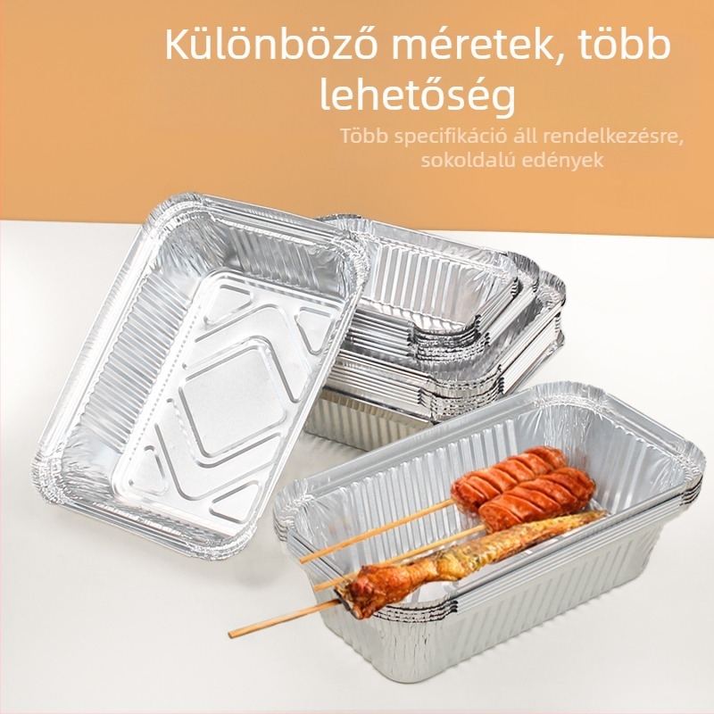 Egyszer használatos téglalap alakú alumíniumfóliás ételtároló doboz fedővel, grillhez, élelmiszer-minőségű
