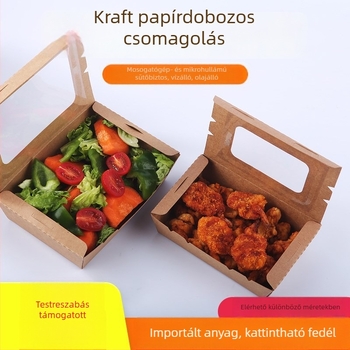 Kraft papír ételdoboz egy ablakkal, elvitelre, alkalmas sushi és gyümölcssaláta számára (anyag: papír; ablak: egy; mikrohullámú sütő: Nem; logó nyomtatás: Igen)