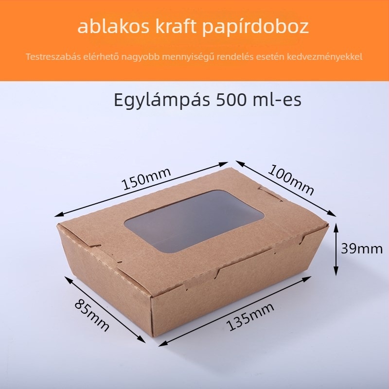 Kraft papír ételdoboz egy ablakkal, elvitelre, alkalmas sushi és gyümölcssaláta számára (anyag: papír; ablak: egy; mikrohullámú sütő: Nem; logó nyomtatás: Igen)