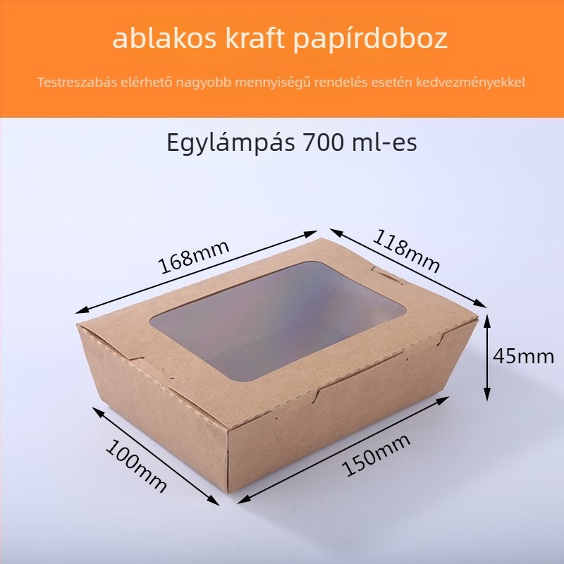 Kraft papír ételdoboz egy ablakkal, elvitelre, alkalmas sushi és gyümölcssaláta számára (anyag: papír; ablak: egy; mikrohullámú sütő: Nem; logó nyomtatás: Igen)