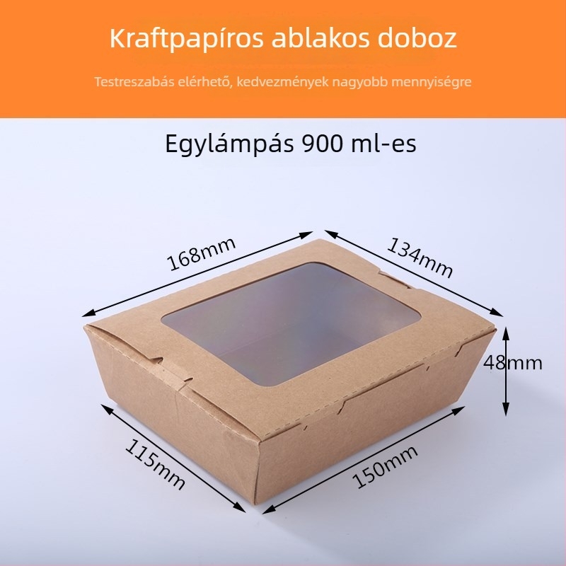 Kraft papír ételdoboz egy ablakkal, elvitelre, alkalmas sushi és gyümölcssaláta számára (anyag: papír; ablak: egy; mikrohullámú sütő: Nem; logó nyomtatás: Igen)