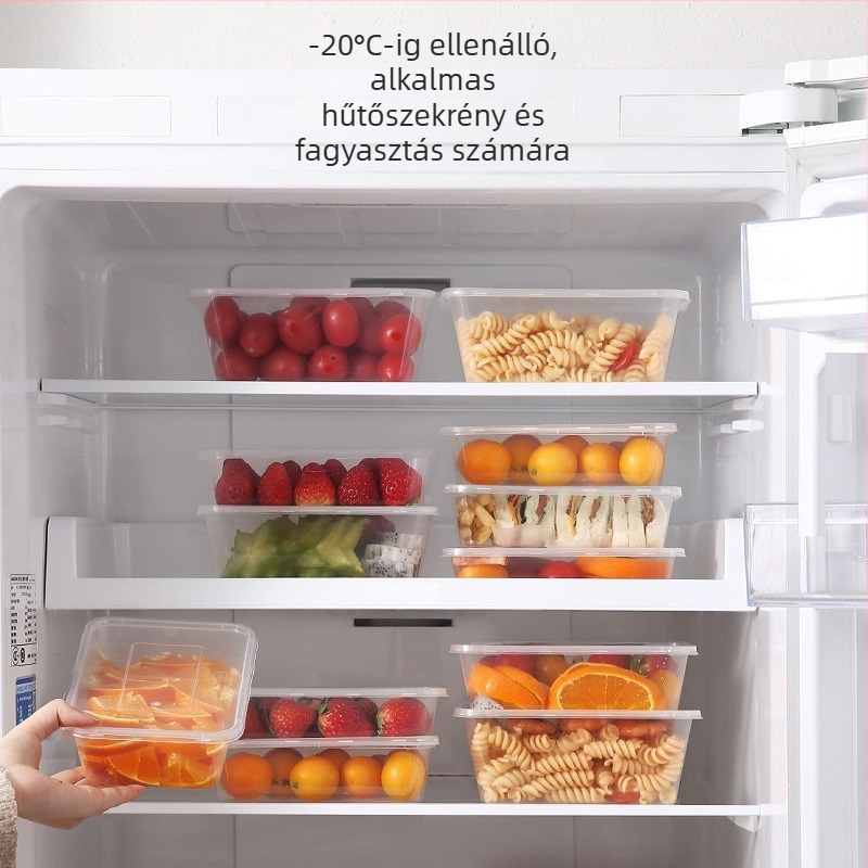Egyszer használatos műanyag ebédes doboz fedéllel, vastagított dizájn, átlátszó test, mikrohullámú sütőben alkalmas, 50 készlet egy csomagban