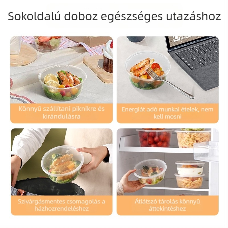 Egyszer használatos műanyag ebédes doboz fedéllel, vastagított dizájn, átlátszó test, mikrohullámú sütőben alkalmas, 50 készlet egy csomagban