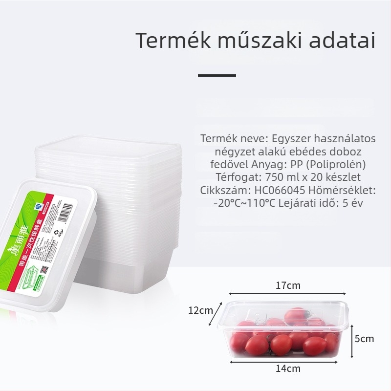 Egyszer használatos műanyag ebédes doboz fedéllel, vastagított dizájn, átlátszó test, mikrohullámú sütőben alkalmas, 50 készlet egy csomagban