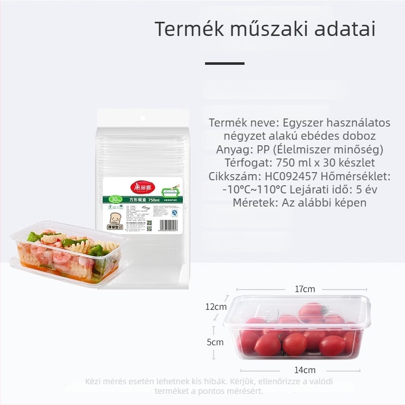 Egyszer használatos műanyag ebédes doboz fedéllel, vastagított dizájn, átlátszó test, mikrohullámú sütőben alkalmas, 50 készlet egy csomagban