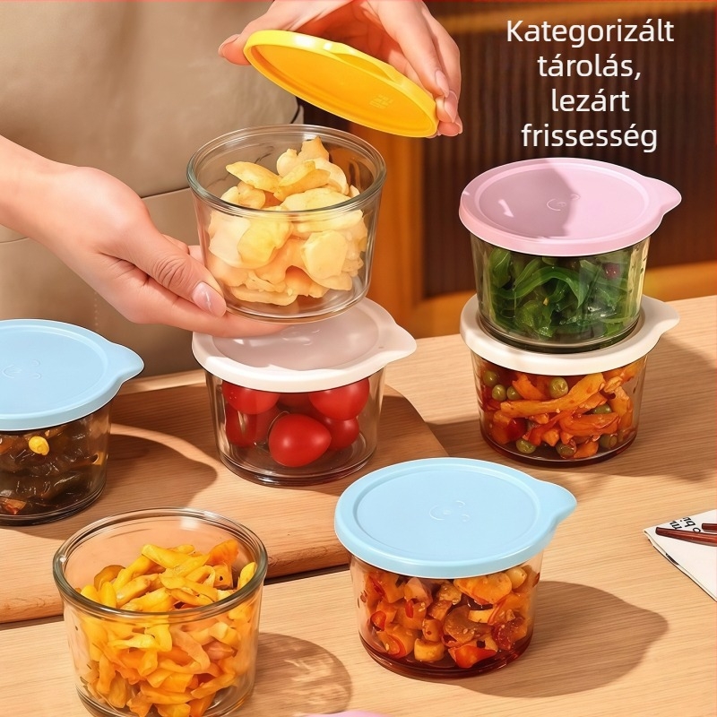 Zárható üveg tárolóedény, élelmiszer-minőségű, savanyúság és köret tárolásához, háromszintes üveg doboz a hűtőbe