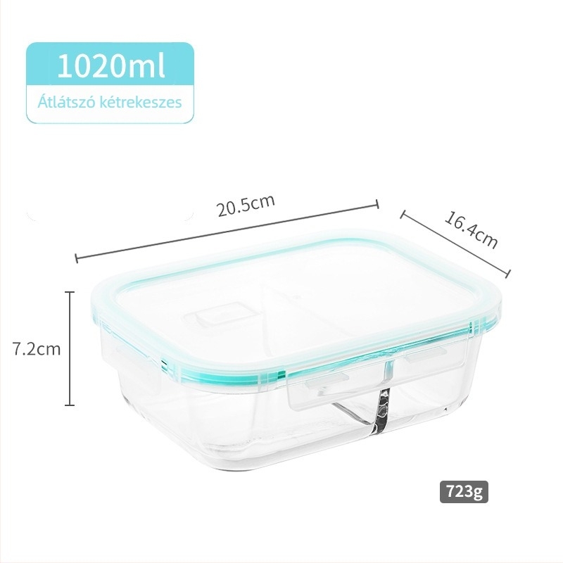 Magas bóroszilikát üveg ebédes doboz, 800–1000 ml, mikrohullámú sütőben használható, téglalap alakú, hőálló, frissesség megőrzésére