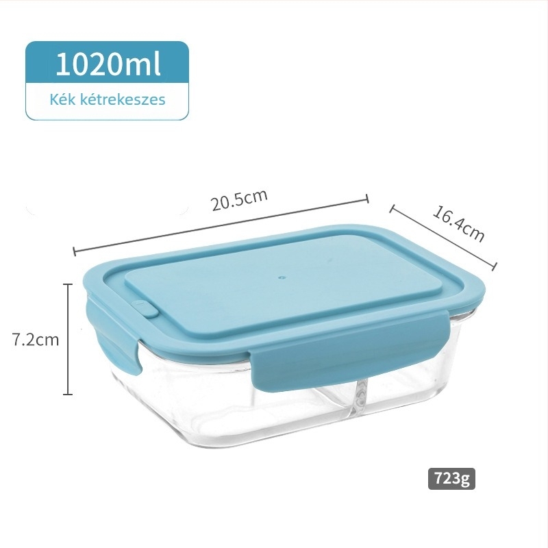 Magas bóroszilikát üveg ebédes doboz, 800–1000 ml, mikrohullámú sütőben használható, téglalap alakú, hőálló, frissesség megőrzésére