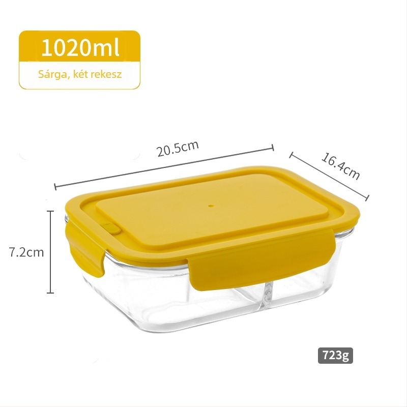 Magas bóroszilikát üveg ebédes doboz, 800–1000 ml, mikrohullámú sütőben használható, téglalap alakú, hőálló, frissesség megőrzésére