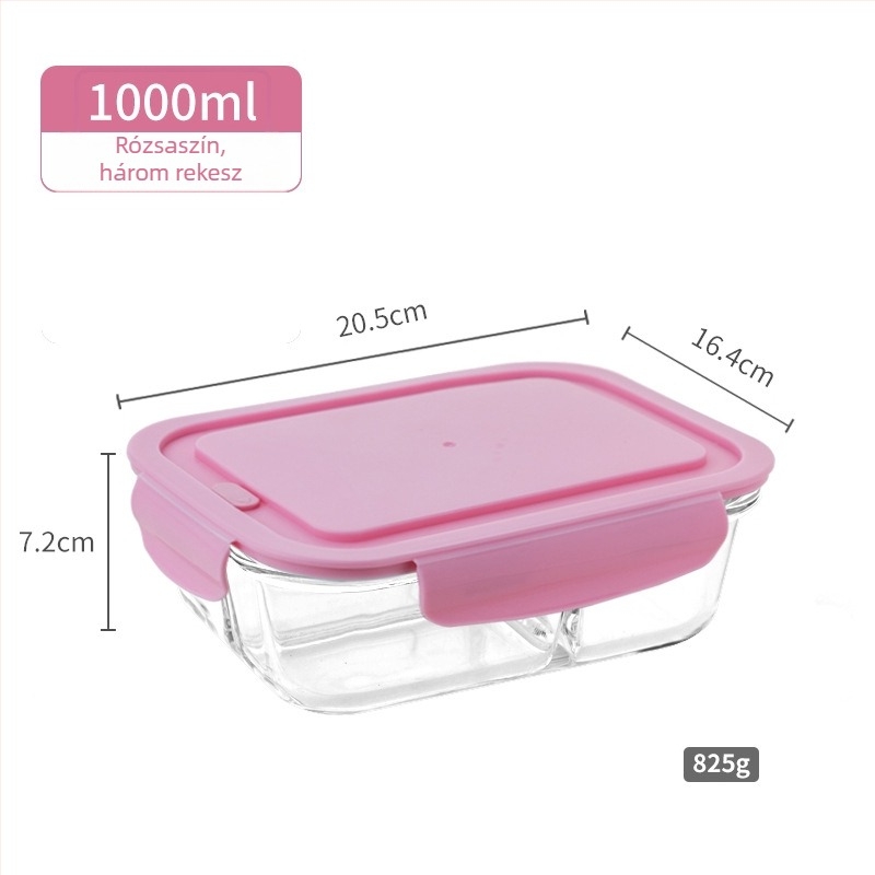 Magas bóroszilikát üveg ebédes doboz, 800–1000 ml, mikrohullámú sütőben használható, téglalap alakú, hőálló, frissesség megőrzésére