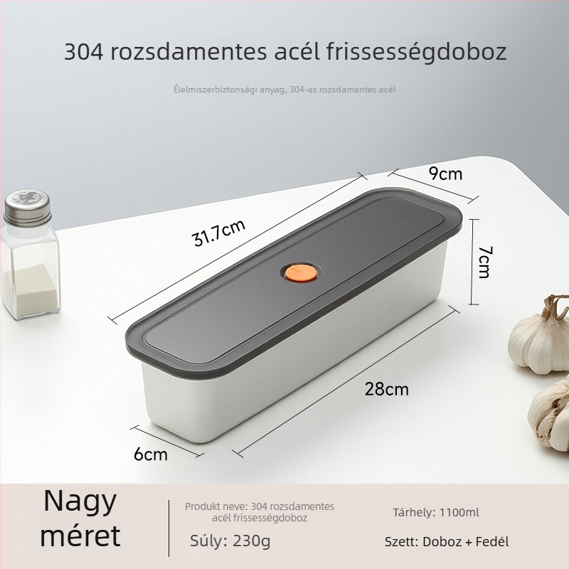 Slim 304 rozsdamentes acél frissesség-tároló doboz, téglalap alakú, 1–2 L kapacitás, mikrohullámú sütőben használható, szoros tömítés a szag megelőzésére