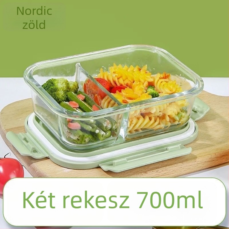 Mikrohullámú sütőhöz használható üveg ebédes doboz fedéllel és osztókkal, átlátszó, magas hőállóságú boroszilikát üveg, kapacitás alatt 300 ml