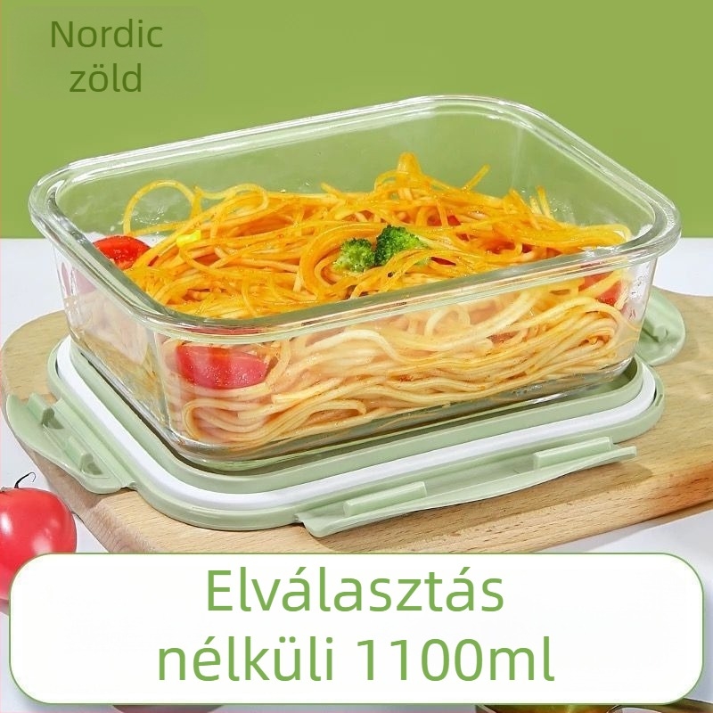 Mikrohullámú sütőhöz használható üveg ebédes doboz fedéllel és osztókkal, átlátszó, magas hőállóságú boroszilikát üveg, kapacitás alatt 300 ml