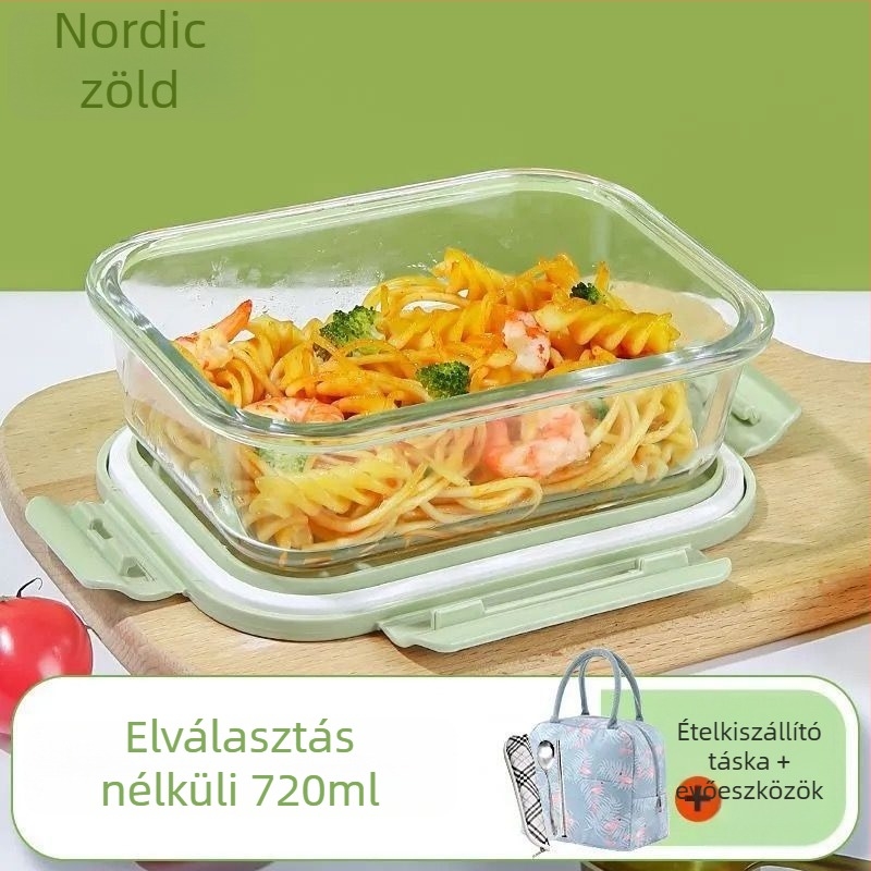 Mikrohullámú sütőhöz használható üveg ebédes doboz fedéllel és osztókkal, átlátszó, magas hőállóságú boroszilikát üveg, kapacitás alatt 300 ml