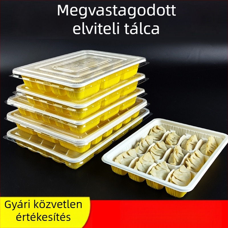 Egyszer használatos dumpling doboz fedővel, műanyag rekesz doboz nyers és főtt dumplings számára (élelmiszer-minőségű PP; mikrohullámú sütőben nem használható; nem lebomló)