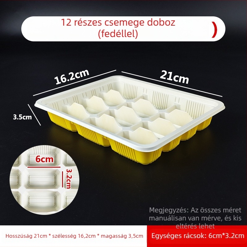 Egyszer használatos dumpling doboz fedővel, műanyag rekesz doboz nyers és főtt dumplings számára (élelmiszer-minőségű PP; mikrohullámú sütőben nem használható; nem lebomló)