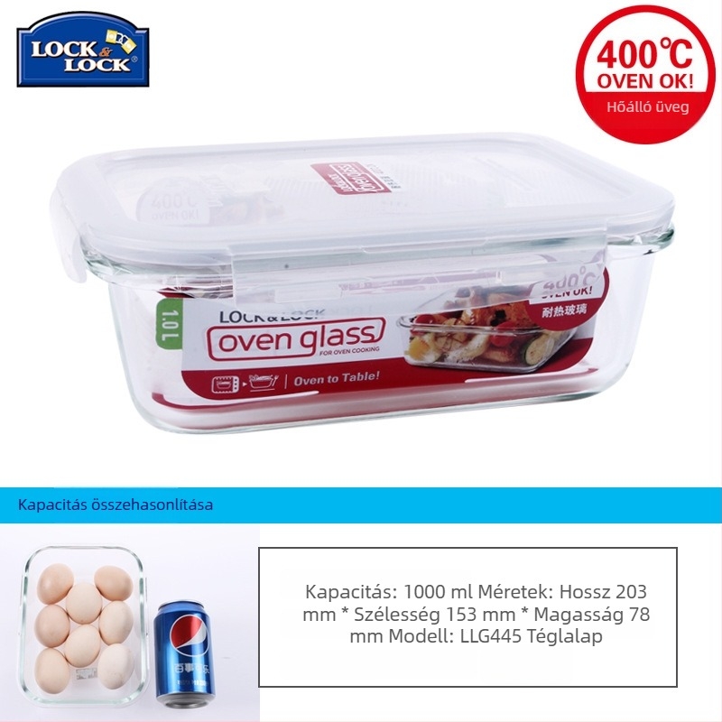 Lock üveg ebédes doboz, hőálló, mikróba tehető lezárható tál – kerek vagy téglalap alakú, modell LLG445, kapacitás 301–1000 ml