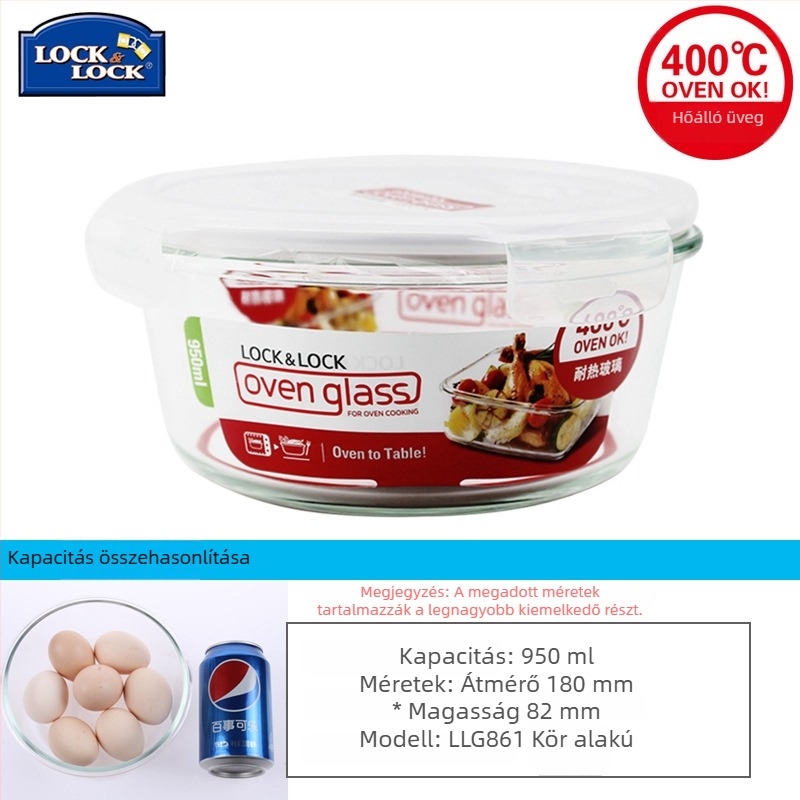 Lock üveg ebédes doboz, hőálló, mikróba tehető lezárható tál – kerek vagy téglalap alakú, modell LLG445, kapacitás 301–1000 ml