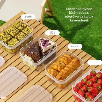 Gyümölcsös ebéddoboz, műanyag, téglalap alakú, 3,1–4 L kapacitás, mikrohullámú sütőben használható, ételek frissen tartása