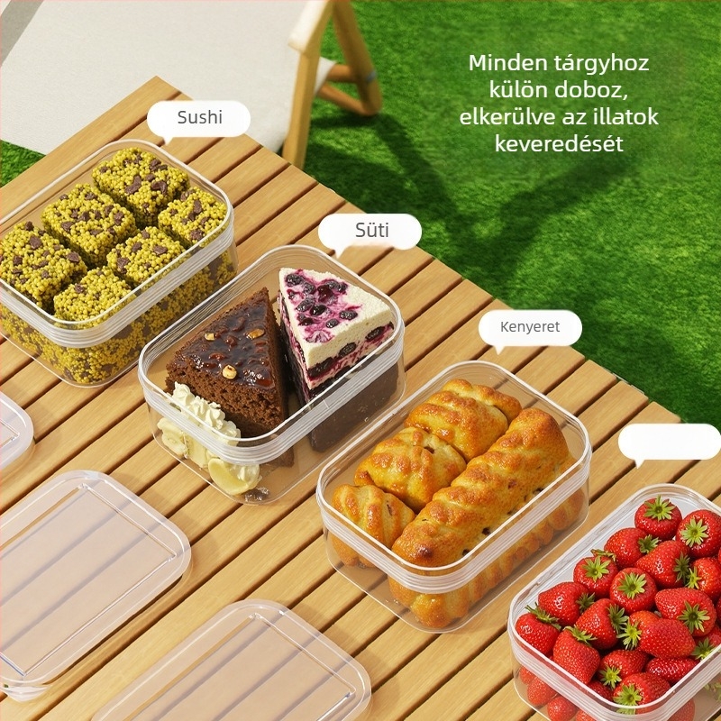 Gyümölcsös ebéddoboz, műanyag, téglalap alakú, 3,1–4 L kapacitás, mikrohullámú sütőben használható, ételek frissen tartása