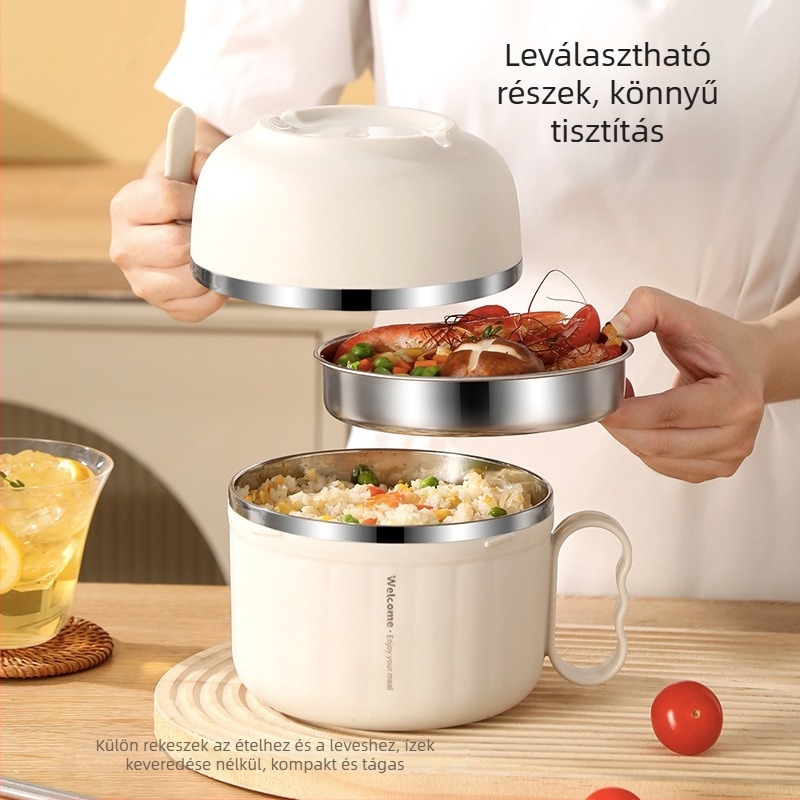Rozsdamentes acél ebédes doboz fedővel és fogantyúval — kerek forma, 800–1000 ml kapacitás, egy rétegű, mikrohullámú sütőben nem használható