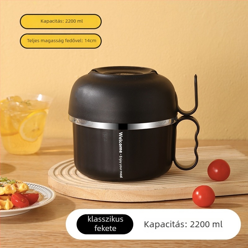Rozsdamentes acél ebédes doboz fedővel és fogantyúval — kerek forma, 800–1000 ml kapacitás, egy rétegű, mikrohullámú sütőben nem használható
