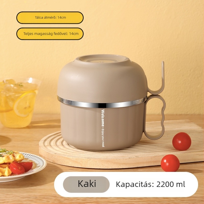 Rozsdamentes acél ebédes doboz fedővel és fogantyúval — kerek forma, 800–1000 ml kapacitás, egy rétegű, mikrohullámú sütőben nem használható