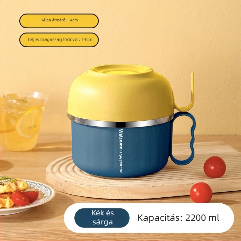 Rozsdamentes acél ebédes doboz fedővel és fogantyúval — kerek forma, 800–1000 ml kapacitás, egy rétegű, mikrohullámú sütőben nem használható