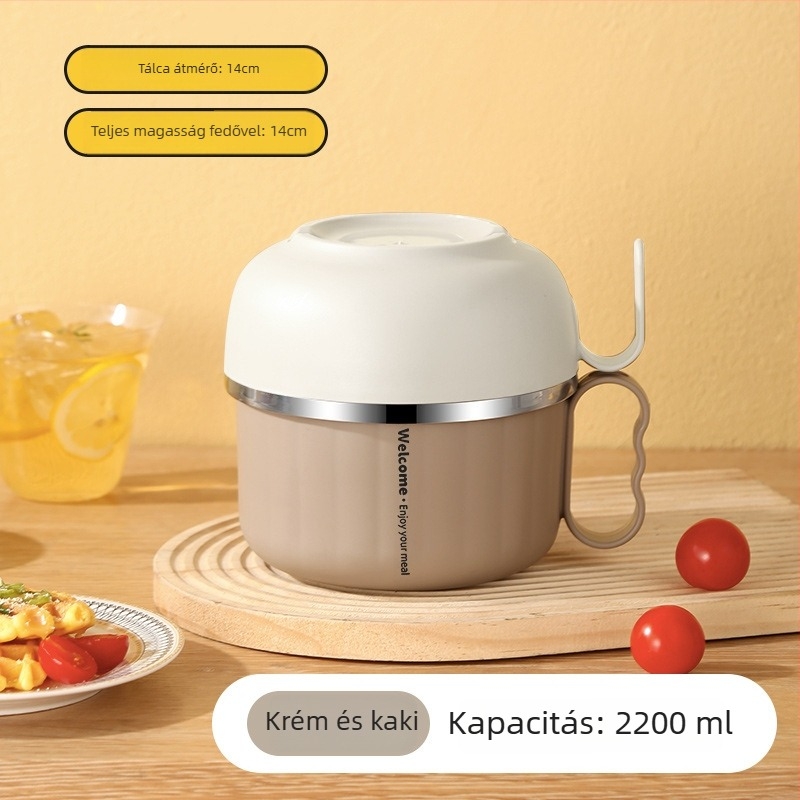 Rozsdamentes acél ebédes doboz fedővel és fogantyúval — kerek forma, 800–1000 ml kapacitás, egy rétegű, mikrohullámú sütőben nem használható