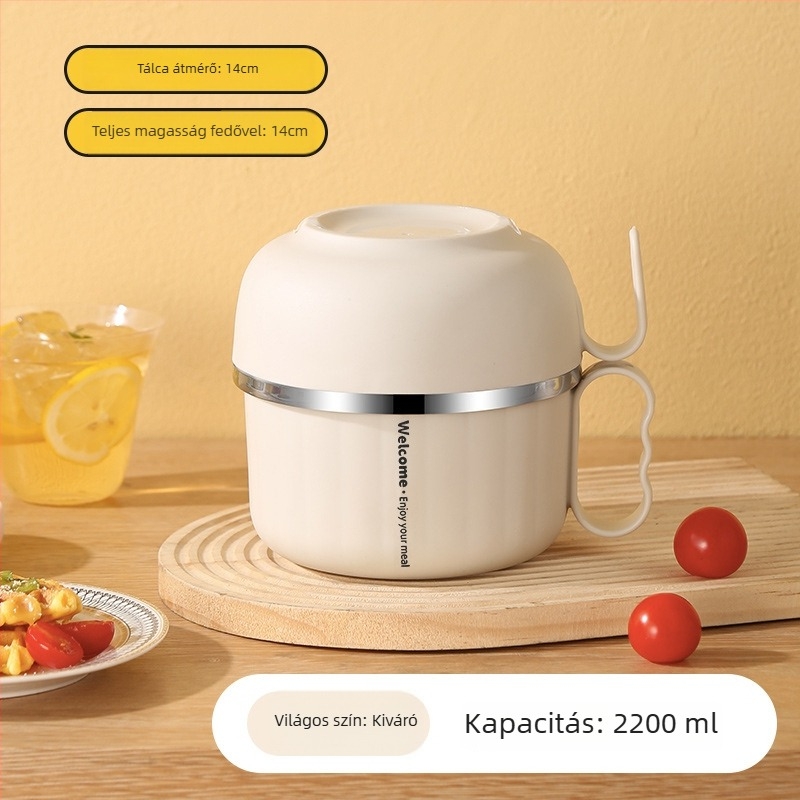Rozsdamentes acél ebédes doboz fedővel és fogantyúval — kerek forma, 800–1000 ml kapacitás, egy rétegű, mikrohullámú sütőben nem használható