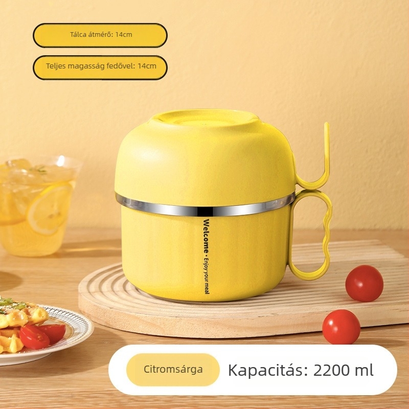 Rozsdamentes acél ebédes doboz fedővel és fogantyúval — kerek forma, 800–1000 ml kapacitás, egy rétegű, mikrohullámú sütőben nem használható