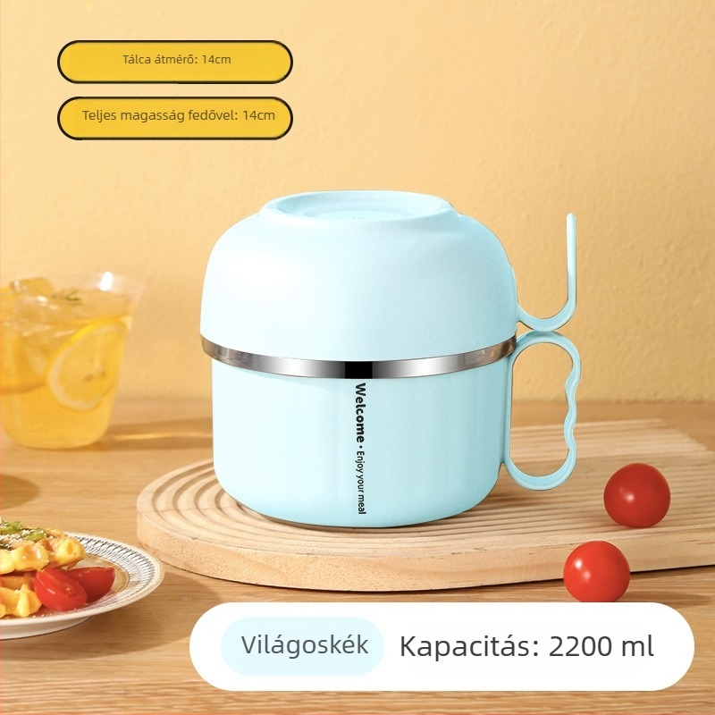 Rozsdamentes acél ebédes doboz fedővel és fogantyúval — kerek forma, 800–1000 ml kapacitás, egy rétegű, mikrohullámú sütőben nem használható