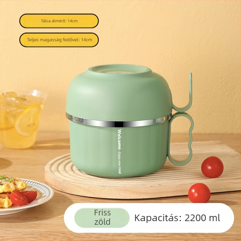 Rozsdamentes acél ebédes doboz fedővel és fogantyúval — kerek forma, 800–1000 ml kapacitás, egy rétegű, mikrohullámú sütőben nem használható