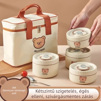 Szigetelt ebédes doboz, mikrózható, hordozható, Little Bear minta, kapacitás 301–800 ml, anyag PP