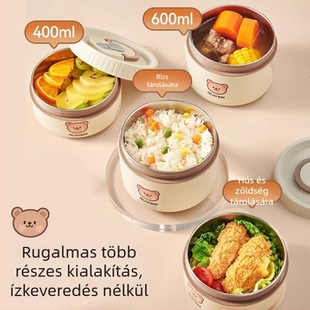 Szigetelt ebédes doboz, mikrózható, hordozható, Little Bear minta, kapacitás 301–800 ml, anyag PP