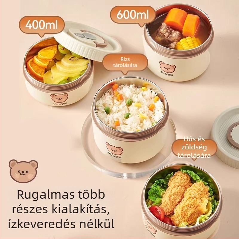 Szigetelt ebédes doboz, mikrózható, hordozható, Little Bear minta, kapacitás 301–800 ml, anyag PP