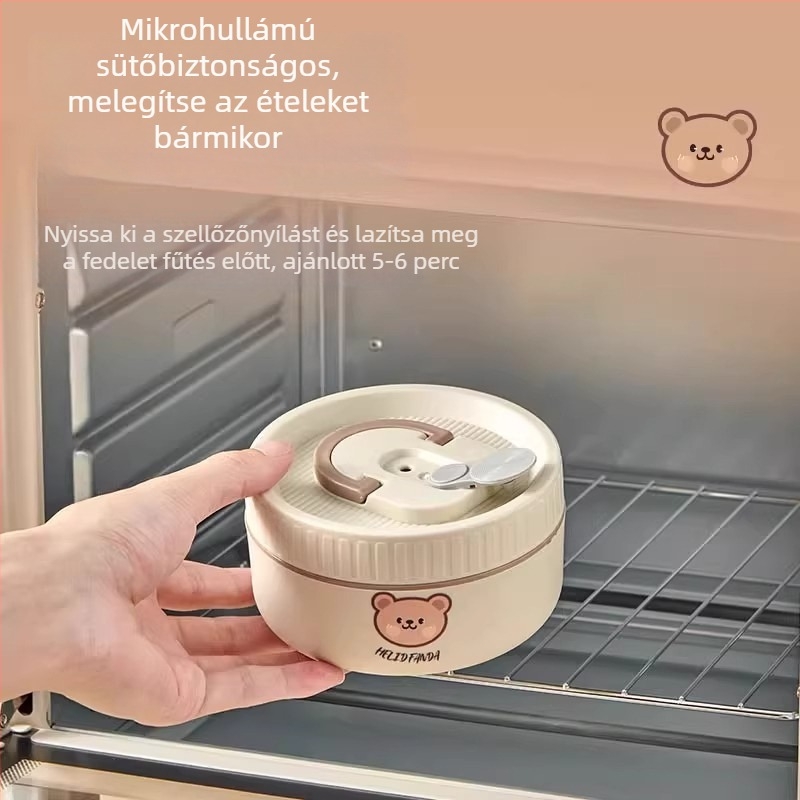 Szigetelt ebédes doboz, mikrózható, hordozható, Little Bear minta, kapacitás 301–800 ml, anyag PP