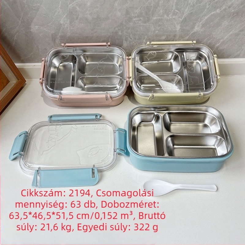 Minimalista rozsdamentes acél ebédes doboz, három rekesz, két rétegű szigetelés, ételeket melegen tart