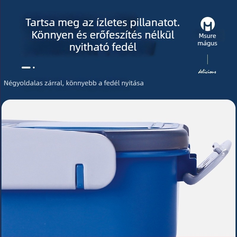 PP műanyag ebédes doboz, szétválasztó rekesszel, mikrohullámú sütőben használható, téglalap alakú, egyrétegű, kapacitás 1–2 L, felnőtteknek.