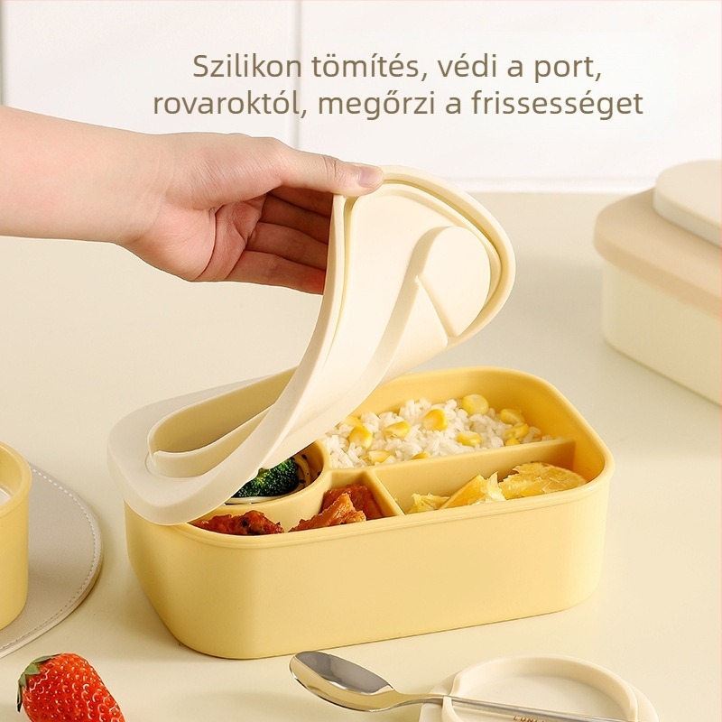 Szilikon ebédes doboz, élelmiszer-minőségű, kerek formájú, egy rétegű, melegen tartja, kapacitás 300 ml alatt