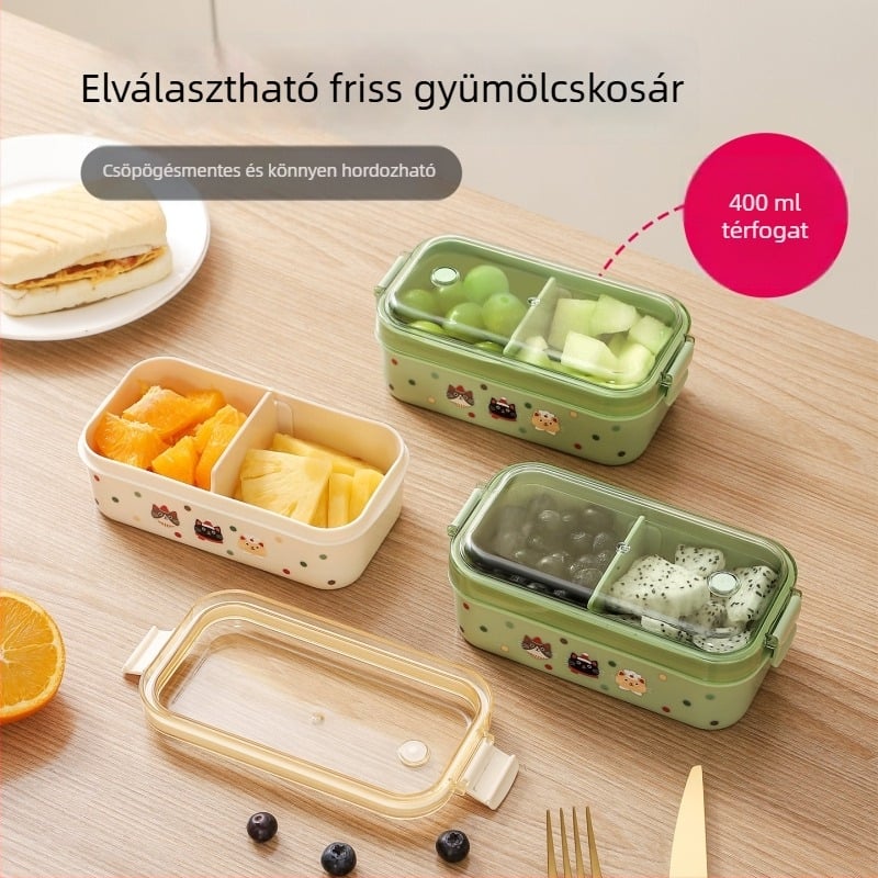 Élelmiszer‑minőségű műanyag ebéddoboz, téglalap alakú, zárható légáteresztő nyílásokkal a frissesség megőrzéséért, mikrohullámú sütőben használható, újrafelhasználható
