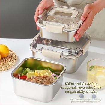 Rozsdamentes acél ebédes doboz légmentesen záródó fedéllel, négyszögletes, 800–1000 ml, mikrohullámú sütőben használható, modern minimalist dizájn