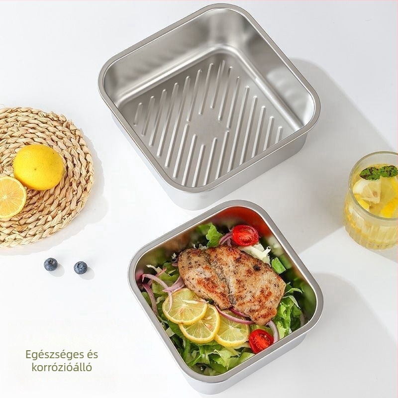 Rozsdamentes acél ebédes doboz légmentesen záródó fedéllel, négyszögletes, 800–1000 ml, mikrohullámú sütőben használható, modern minimalist dizájn