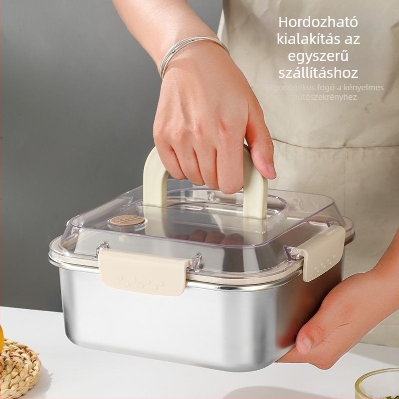 Rozsdamentes acél ebédes doboz légmentesen záródó fedéllel, négyszögletes, 800–1000 ml, mikrohullámú sütőben használható, modern minimalist dizájn