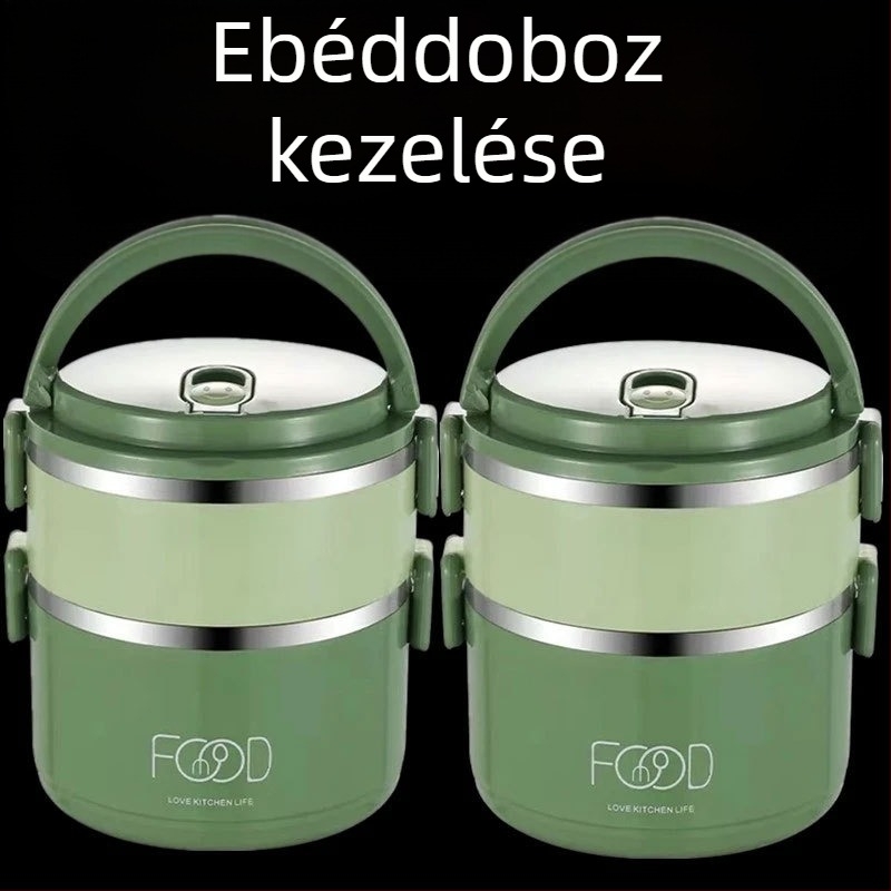 Szigetelt ebédes doboz, többrétegű kivitel, 2,1–3 L kapacitás, műanyag + rozsdamentes acél, kör alakú, hordozható