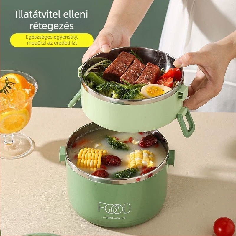 Szigetelt ebédes doboz, többrétegű kivitel, 2,1–3 L kapacitás, műanyag + rozsdamentes acél, kör alakú, hordozható